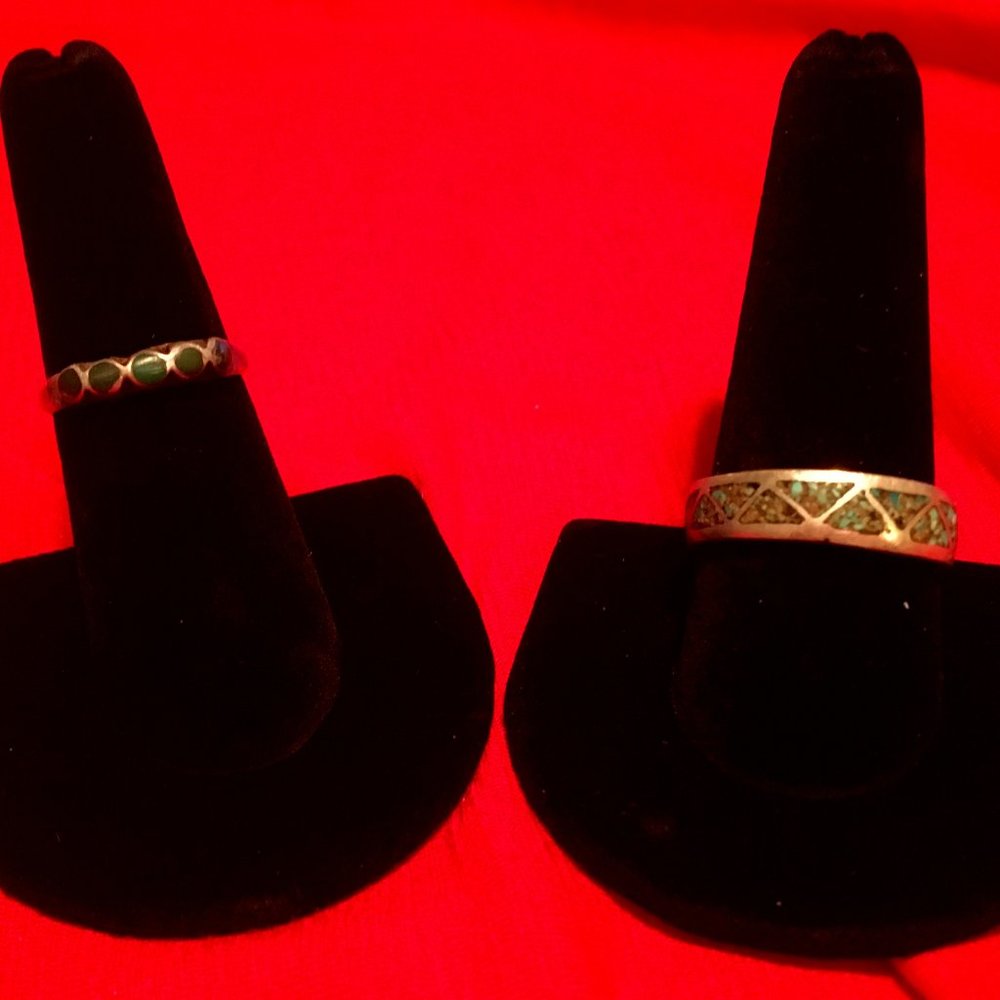 Two vintage sterling rings - turquoise / malachite